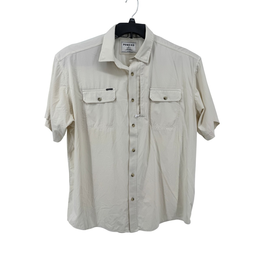 Poncho Fishing Shirt Mens XL Ivory Short Sleeve Magnetic Pockets Vented Back